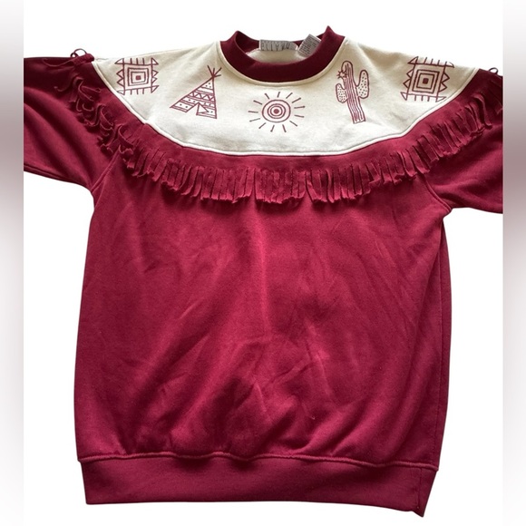 Vintage Gitano Red Aztec Fringe Collar BOHO Western Long Sleeve Sweater Size M - Picture 7 of 13